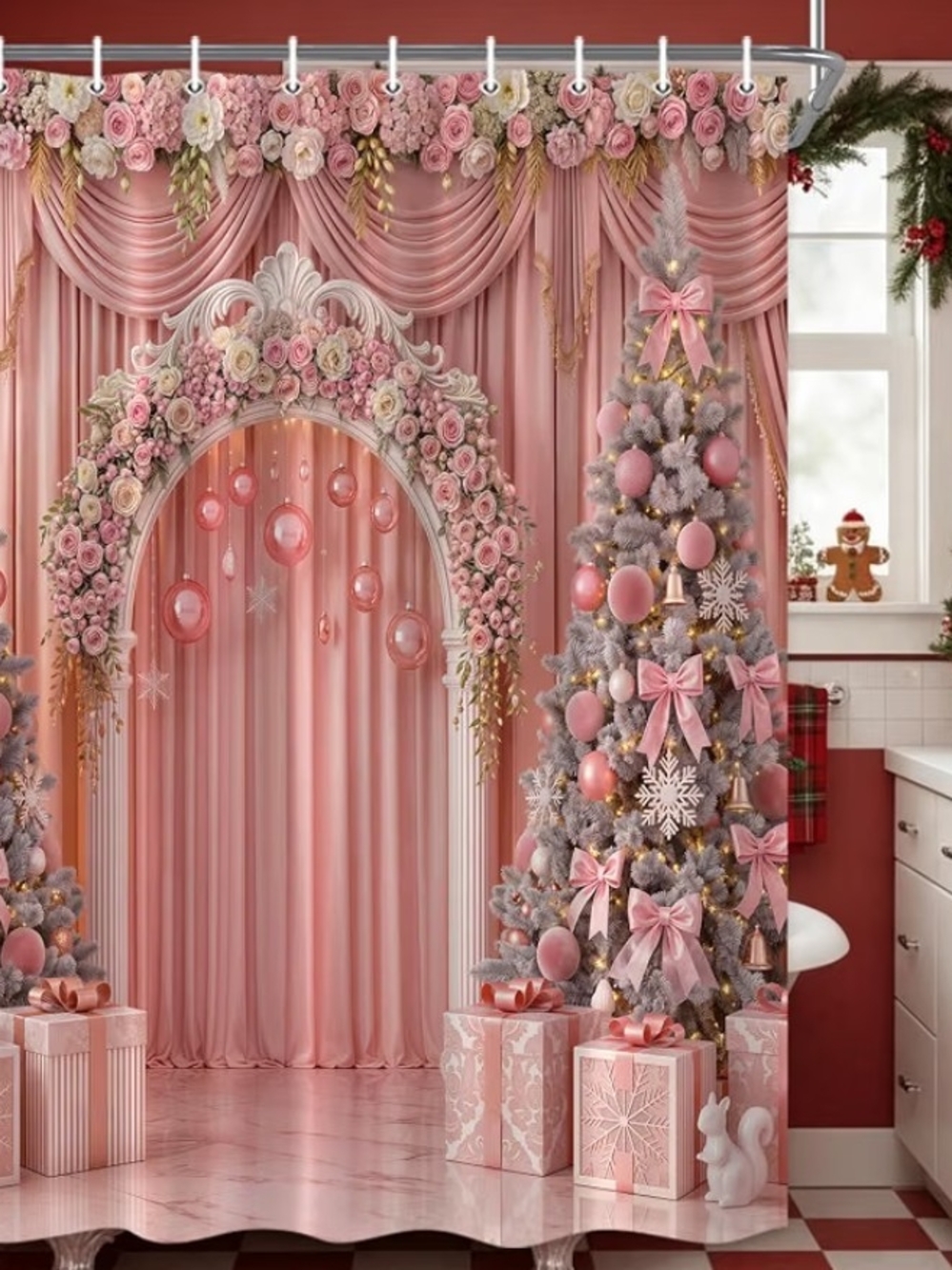 🎀 BATRUG Pink Christmas Shower Curtain – 72" x 72" NWT